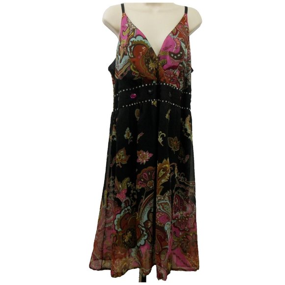 CASSEE'S Sundress Size 2X Colorful Gems Pink Black Pull-On V-Neck Smocked Back - Picture 2 of 12